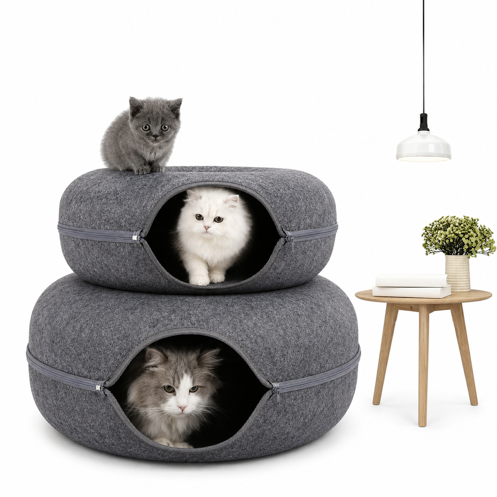 Interactive Round Cat Cave Bed - Cozy Felt Hideaway for Indoor Cats & Kittens