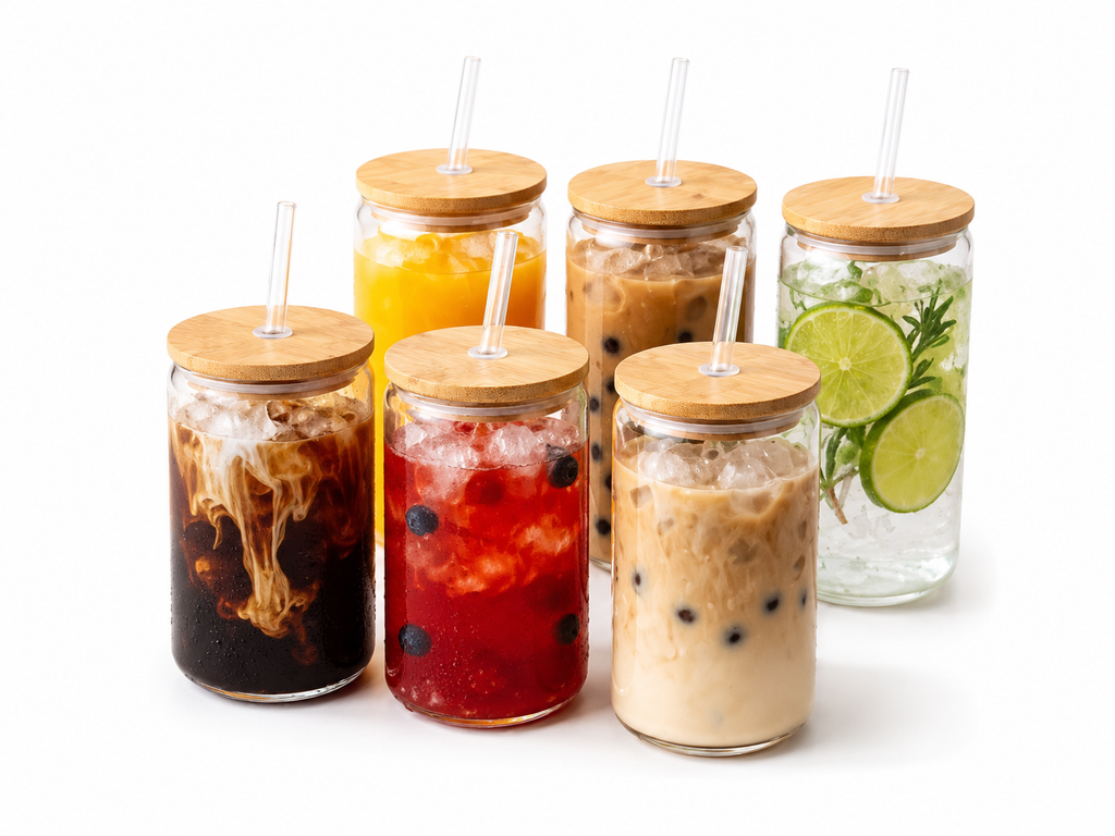 Glass Tumbler Set with Bamboo Lid & Reusable Glass Straw - 500ml, Set of 2, 4 or 6