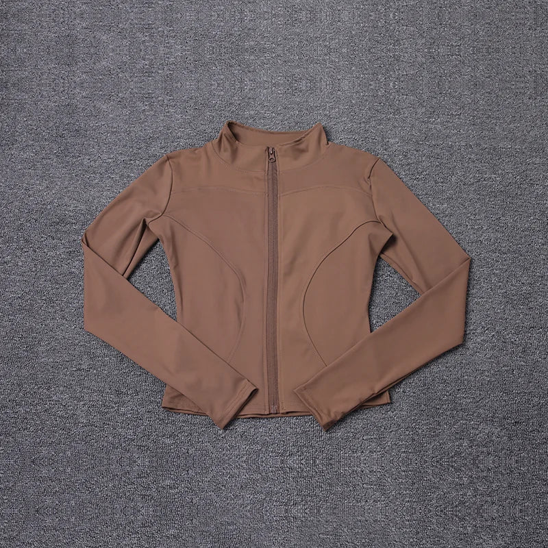 Brown jacket with a zipper on a gray textured background