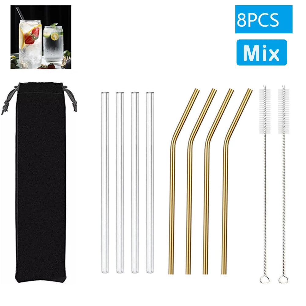Eco-Friendly Reusable Glass Straws (1–10 Pcs) with Cleaning Brushes
