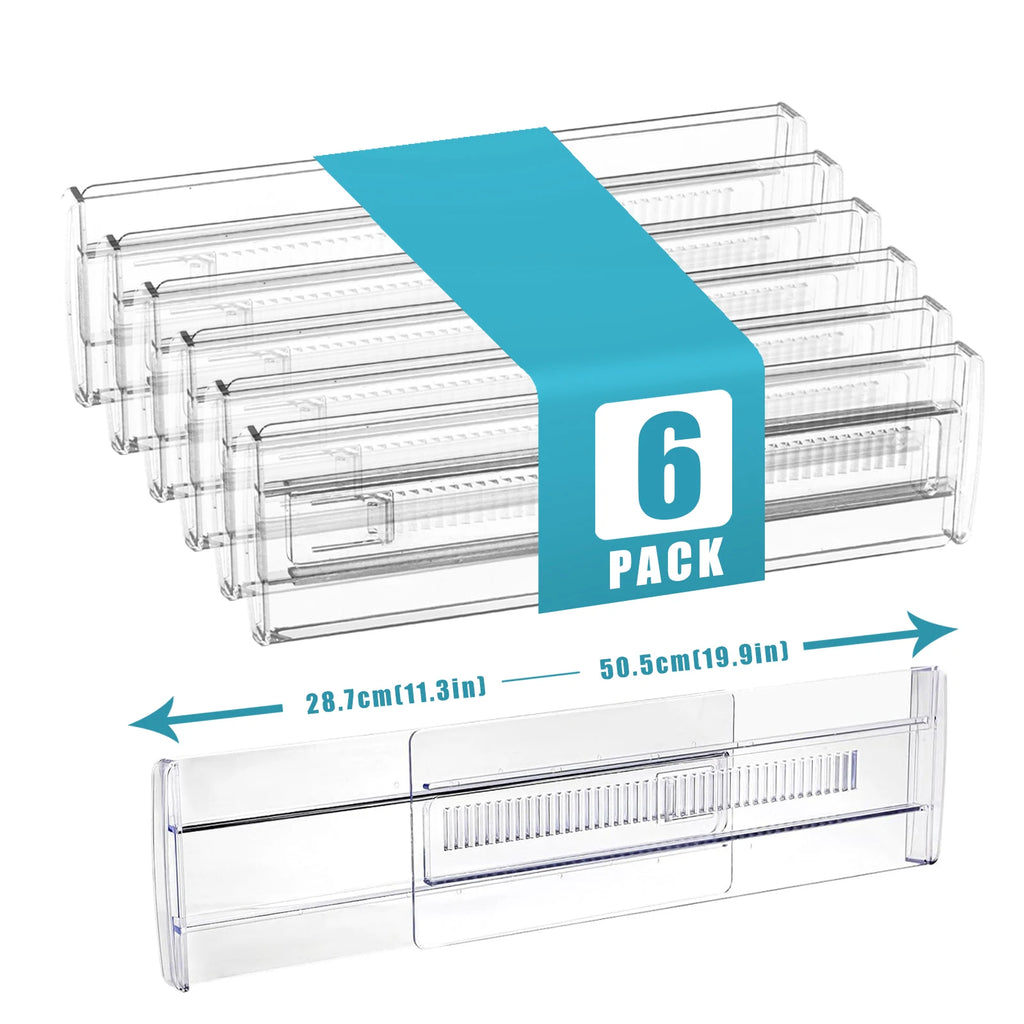 Six-pack of clear refrigerator shelves with dimensions displayed on a white background