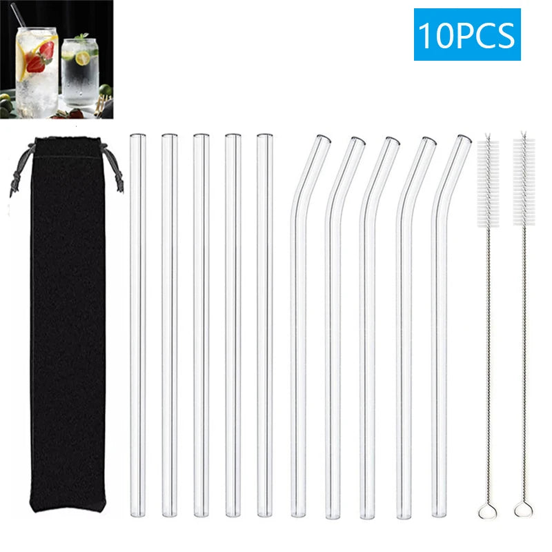 Eco-Friendly Reusable Glass Straws (1–10 Pcs) with Cleaning Brushes