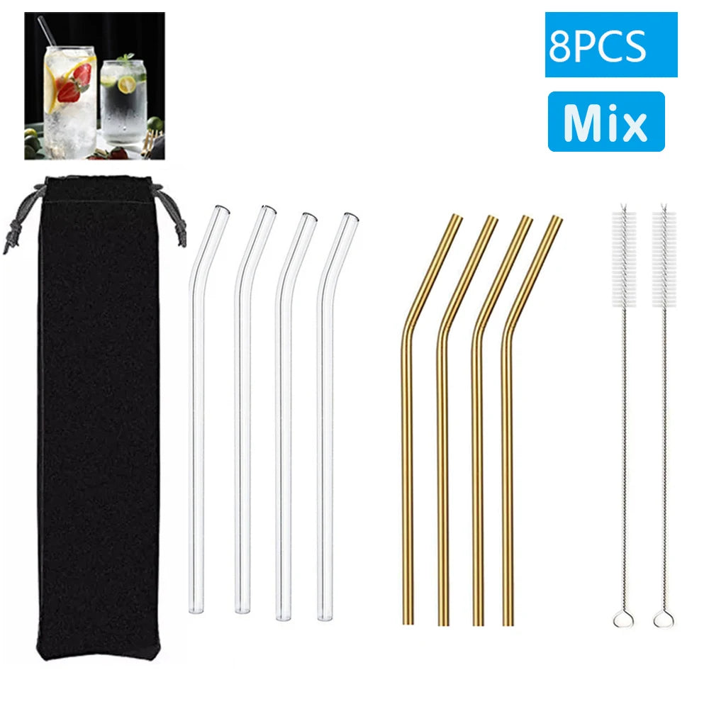Eco-Friendly Reusable Glass Straws (1–10 Pcs) with Cleaning Brushes