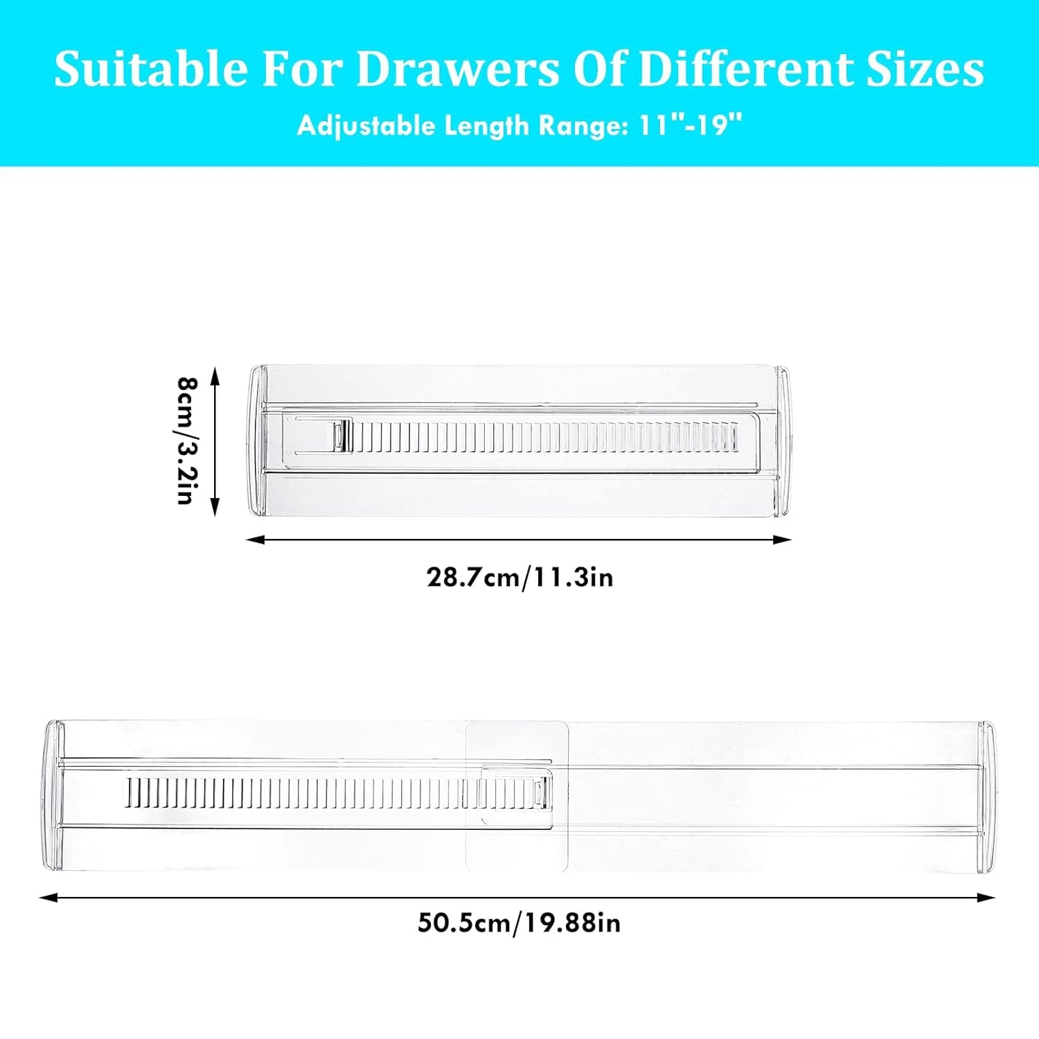Measurement chart for drawer slides showing adjustable length range and dimensions.