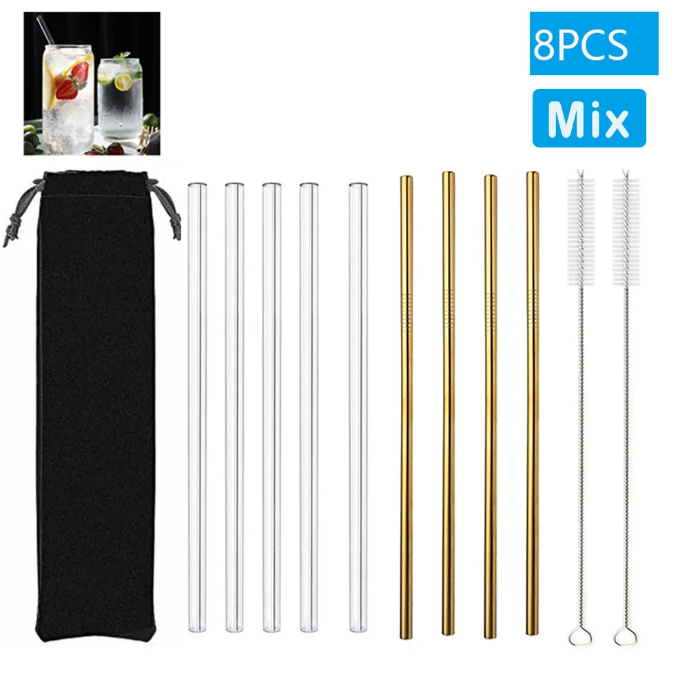 Eco-Friendly Reusable Glass Straws (1–10 Pcs) with Cleaning Brushes