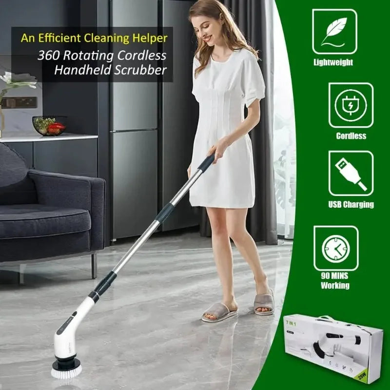 Person using a cordless electric spin scrubber to clean the floor with an extendable handle. 