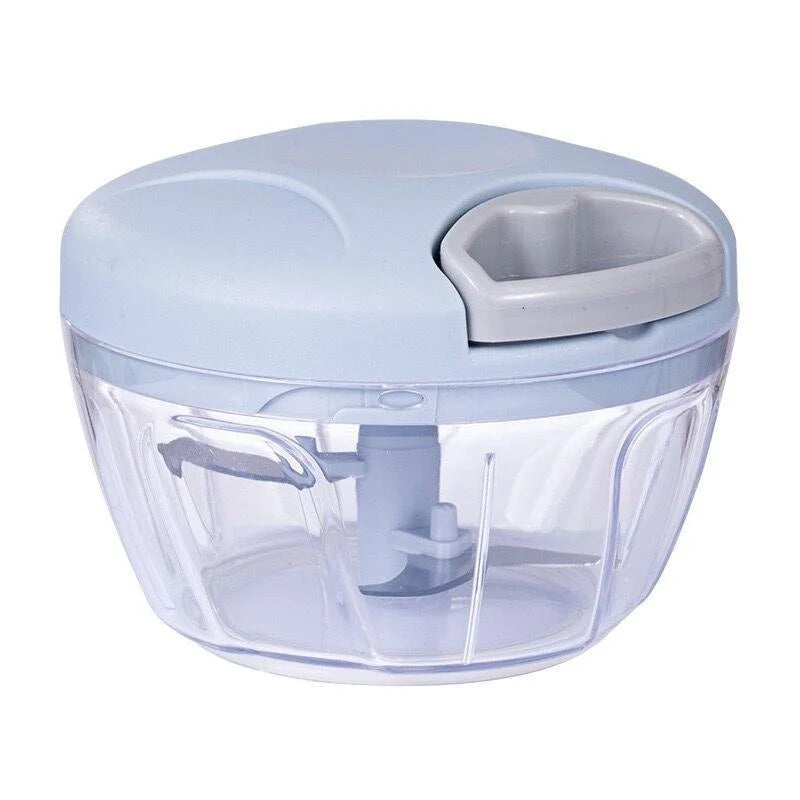 Handheld food chopper with a clear container and light blue lid on a white background