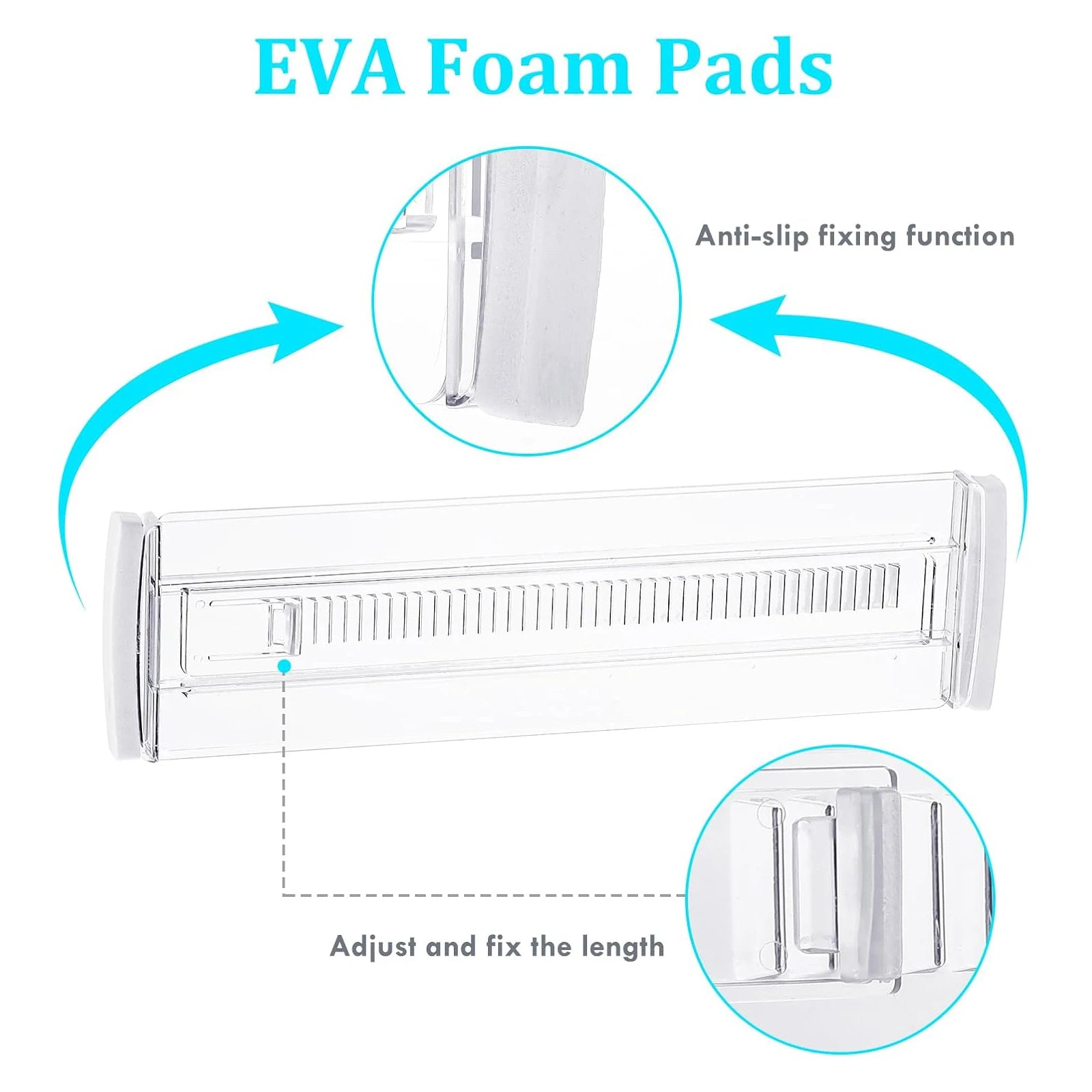 EVA foam pads with anti-slip fixing function and adjustable length feature on a white background.