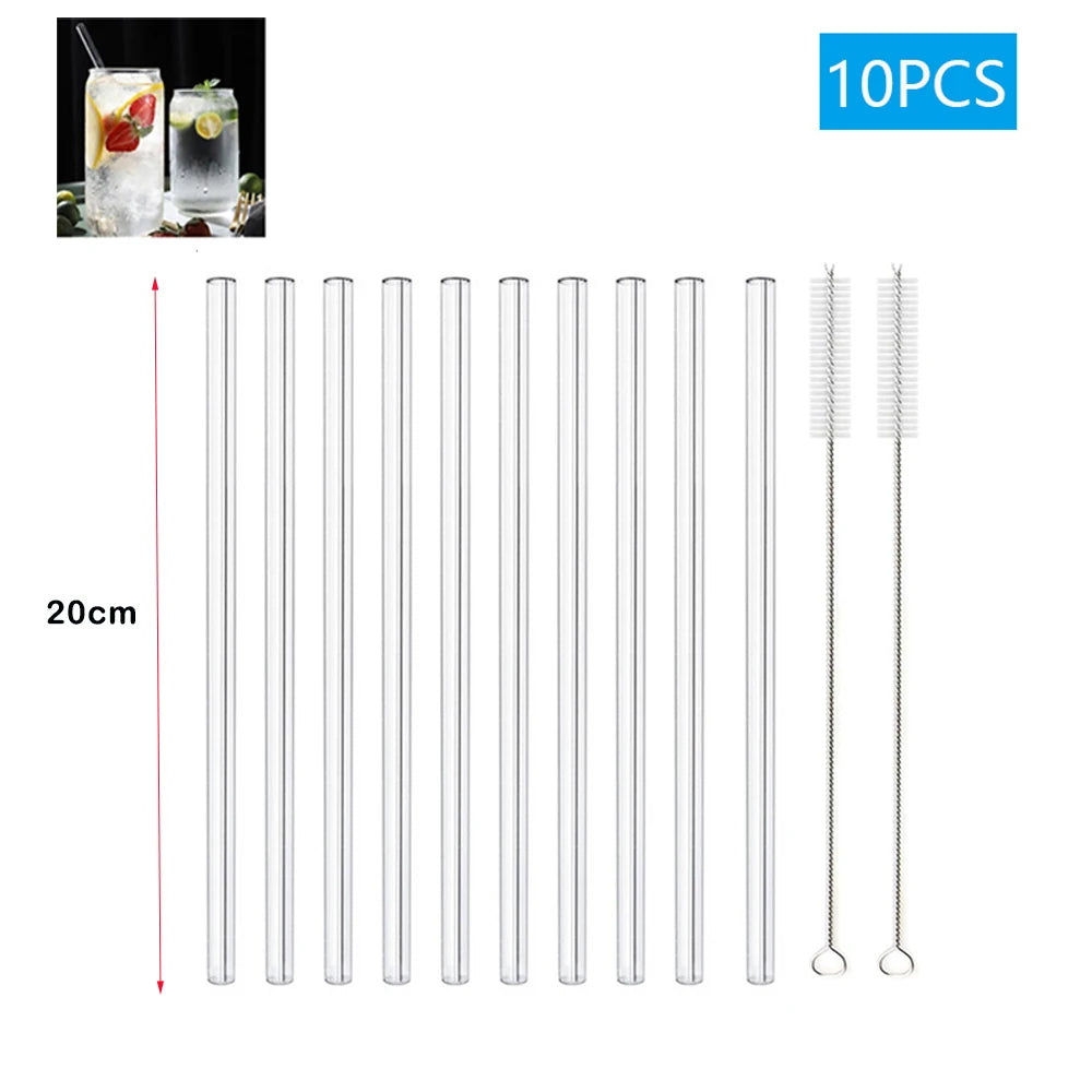 Set of 10 clear glass straws with a cleaning brush, shown with a size reference and a drink image in the corner.