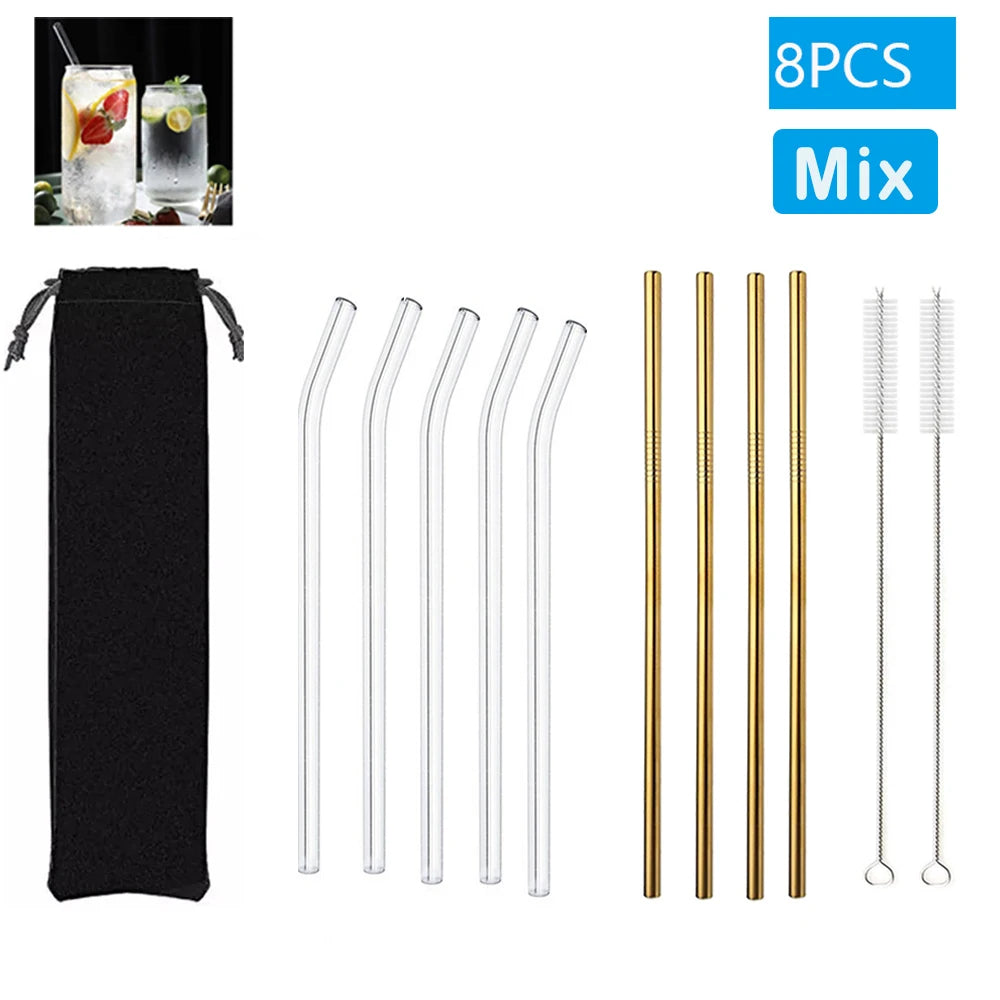 Eco-Friendly Reusable Glass Straws (1–10 Pcs) with Cleaning Brushes
