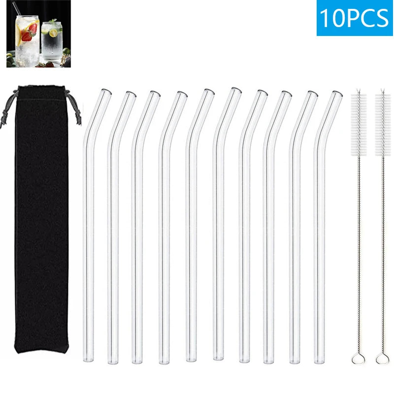 Eco-Friendly Reusable Glass Straws (1–10 Pcs) with Cleaning Brushes
