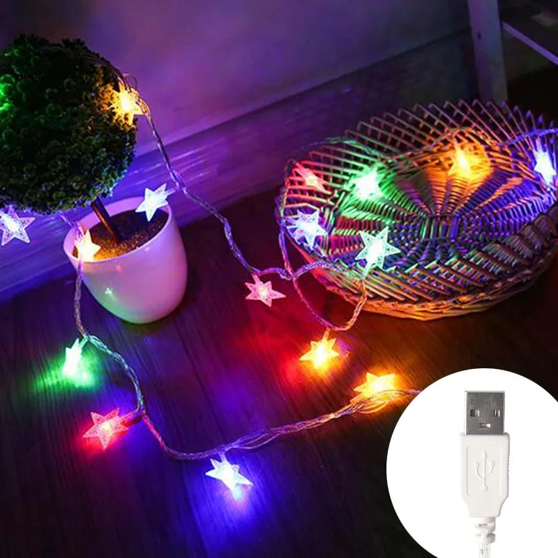 Warm white star LED fairy string lights.
