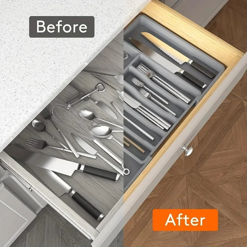 Expandable Bamboo Cutlery Drawer Organizer – Adjustable Kitchen Utensil Storage Tray