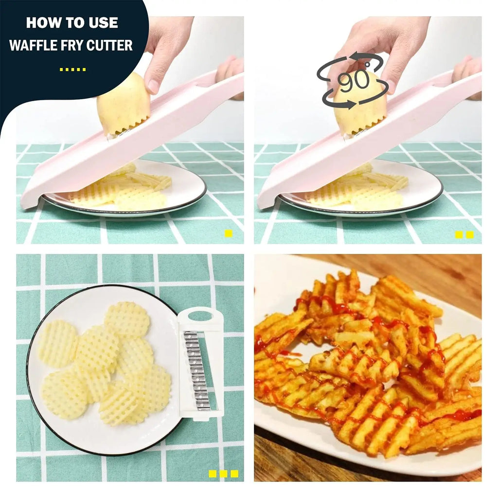 Step-by-step guide on how to use a waffle fry cutter with before and after images of cut potatoes.