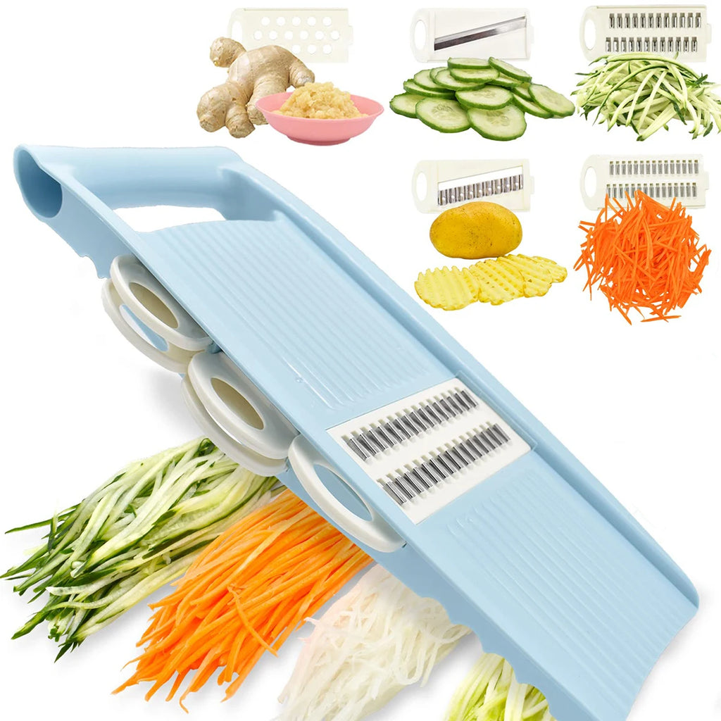 Blue 5-in-1 multifunction vegetable mandoline slicer with interchangeable blades for slicing and shredding vegetables.