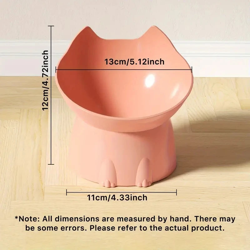 Pink cat-shaped stool with measurements on a wooden floor.