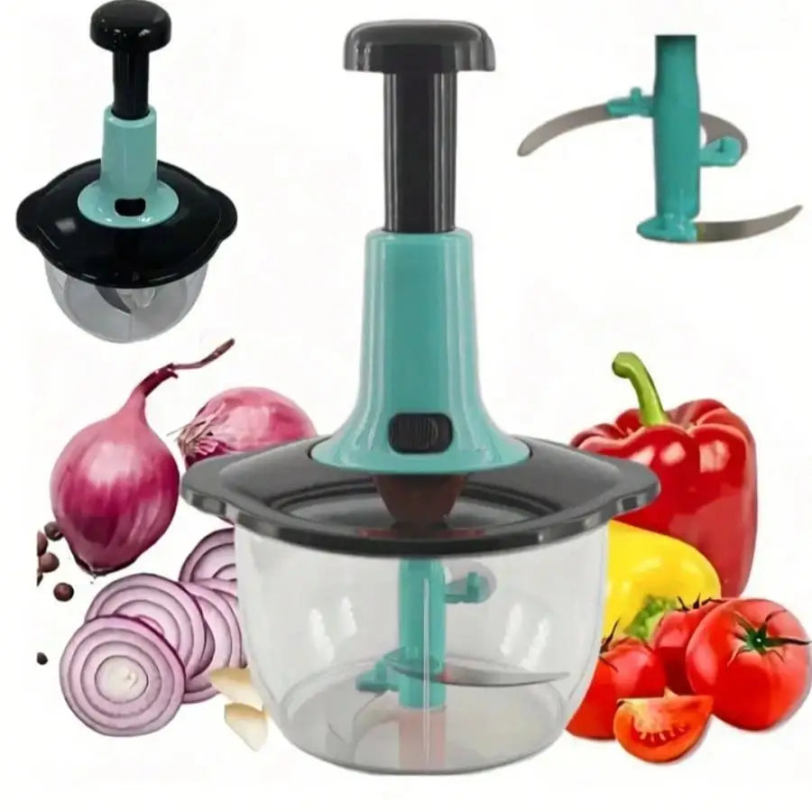 Multi function vegetable and fruit chopper with stainless steel blade attachment and fresh vegetable. 