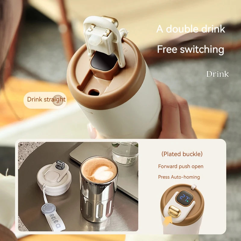Double-walled insulated mug with a plating buckle mechanism. 