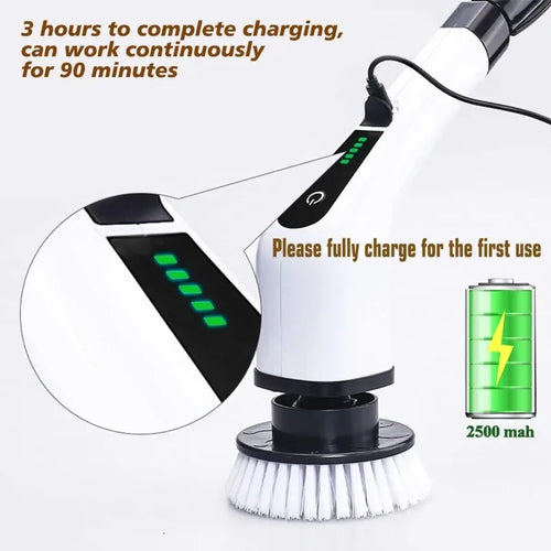 White cleaning brush with charging indicator and text about charging time and battery capacity.