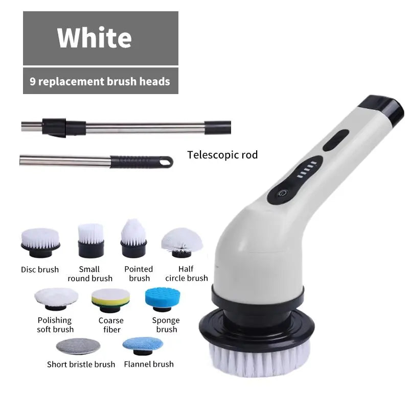 Cleaning tool with various brush heads and a telescopic rod.