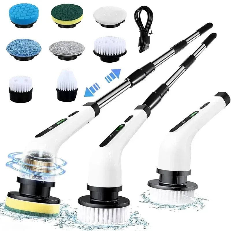 Cordless electric spin scrubber with 9 cleaning brush heads