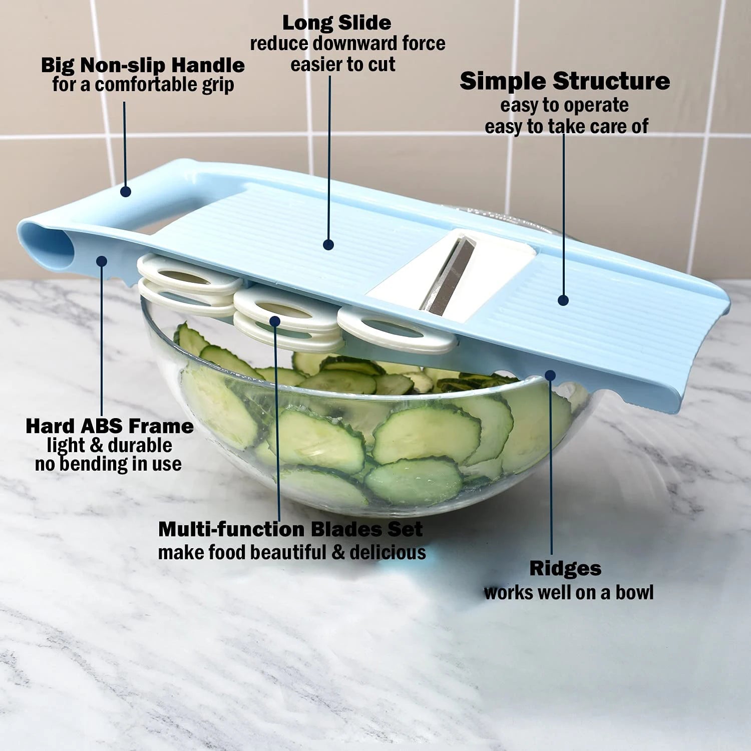 Sliced cucumber in a mandoline slicer with labeled features on a marble surface.