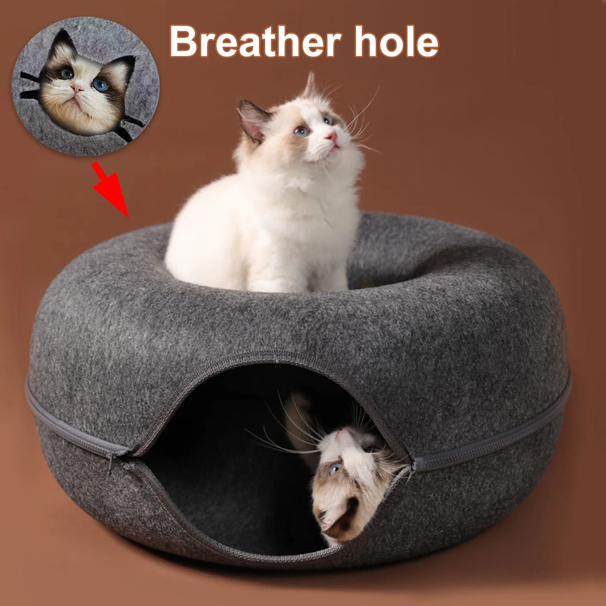 Gray interactive round cat cave bed for indoor cats
