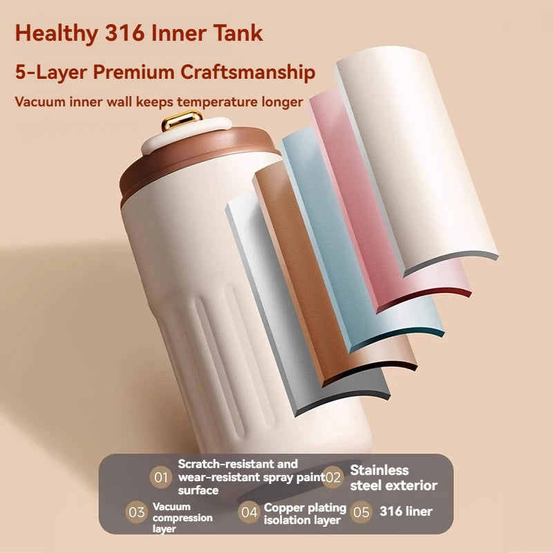 Cross section of LED smart temperature display stainless steel insulated travel mug showing 5 layer vacuum insulation. 