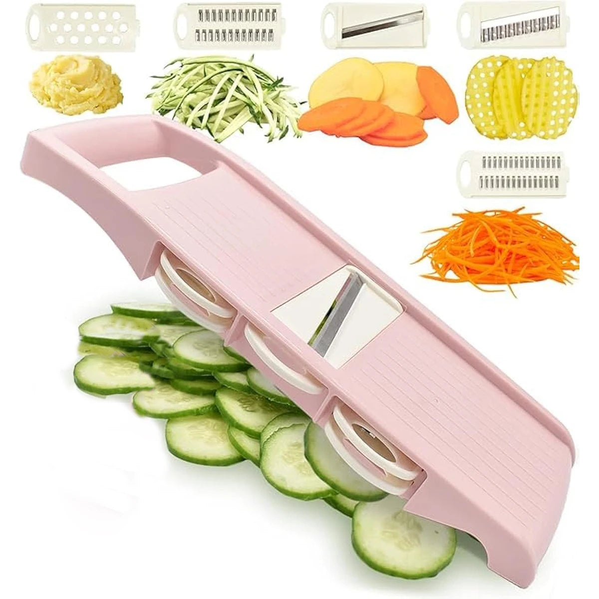 Pink vegetable slicer with sliced vegetables on a white background