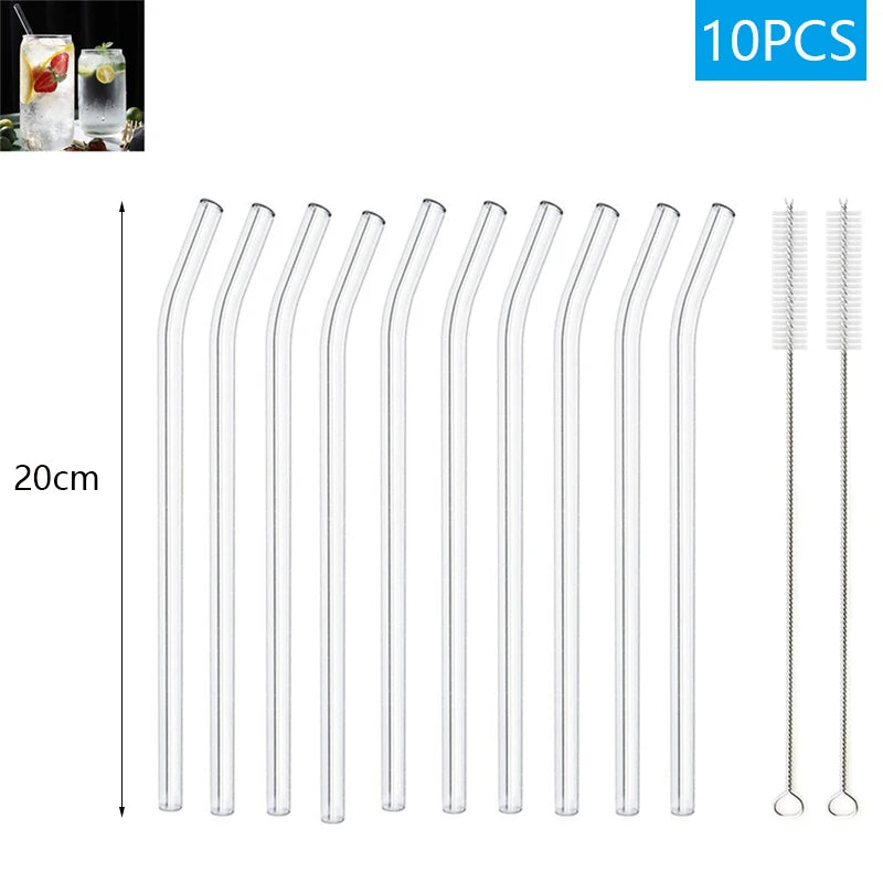 Set of 10 clear glass straws with a cleaning brush on a white background