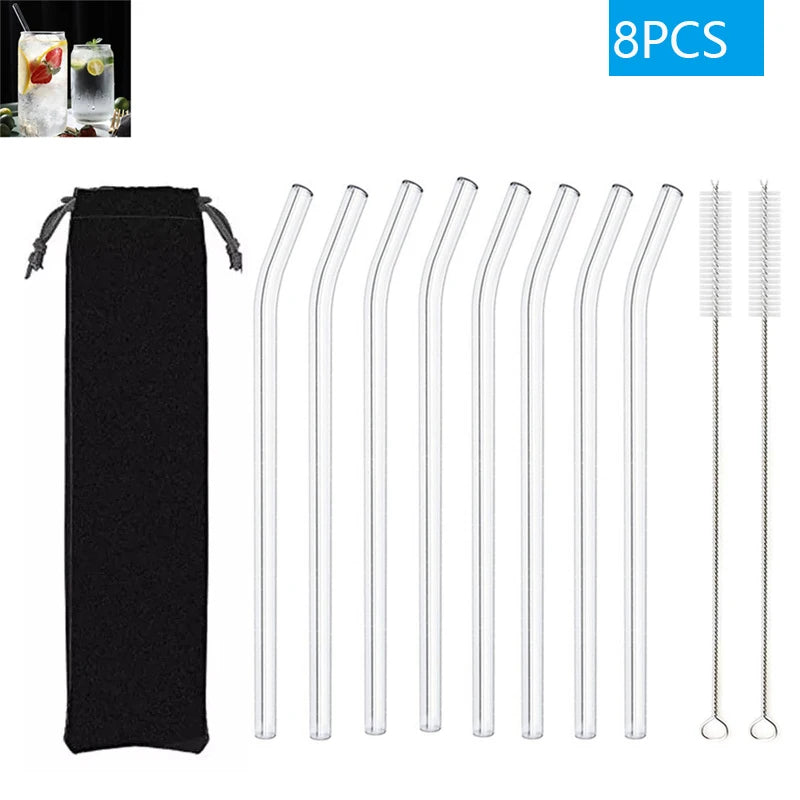 Set of 8 clear glass straws with a black pouch and cleaning brush on a white background.