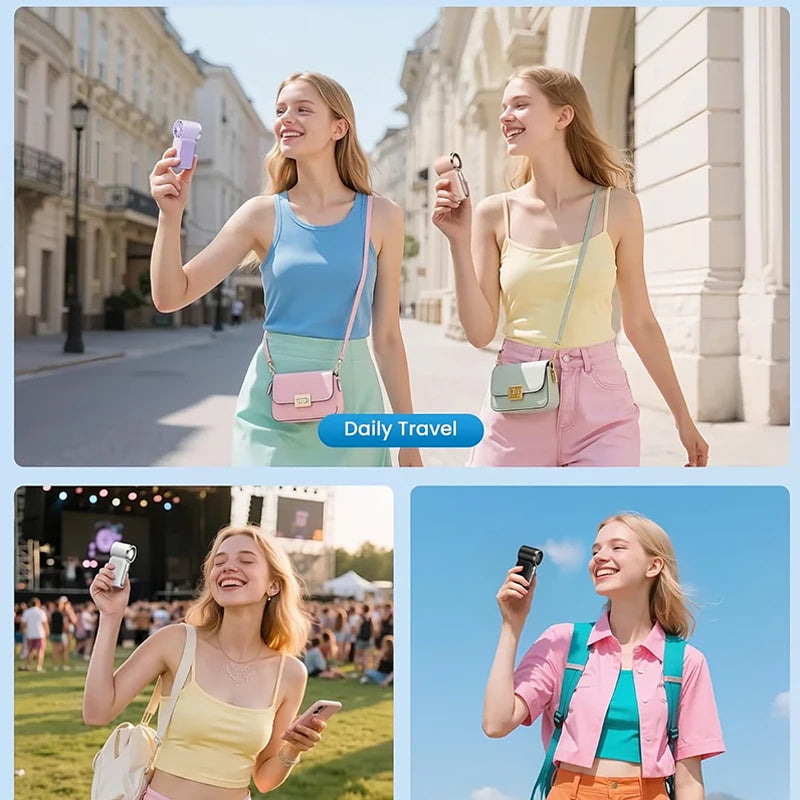 Four scenes of a woman in different settings with colorful bags and outfits, labeled 'Daily Travel'.