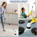 Cleaning tool with adjustable lengths being used in a kitchen and on a glass surface.