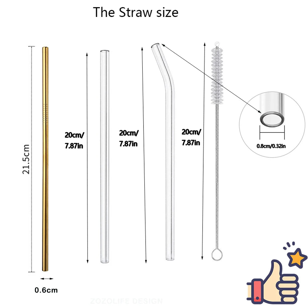 Set of straws with measurements on a white background