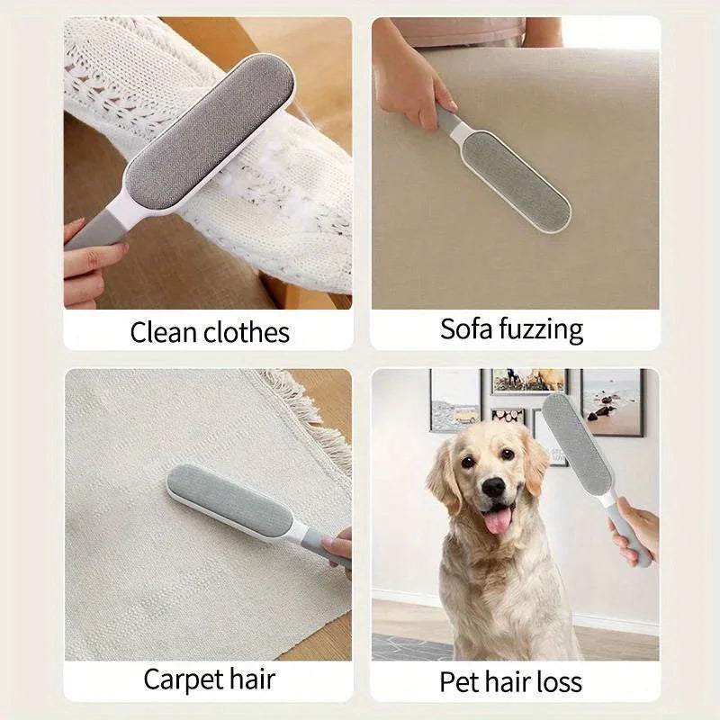 Collage of a pet hair removal brush being used on clothes, sofa, carpet, and a dog.