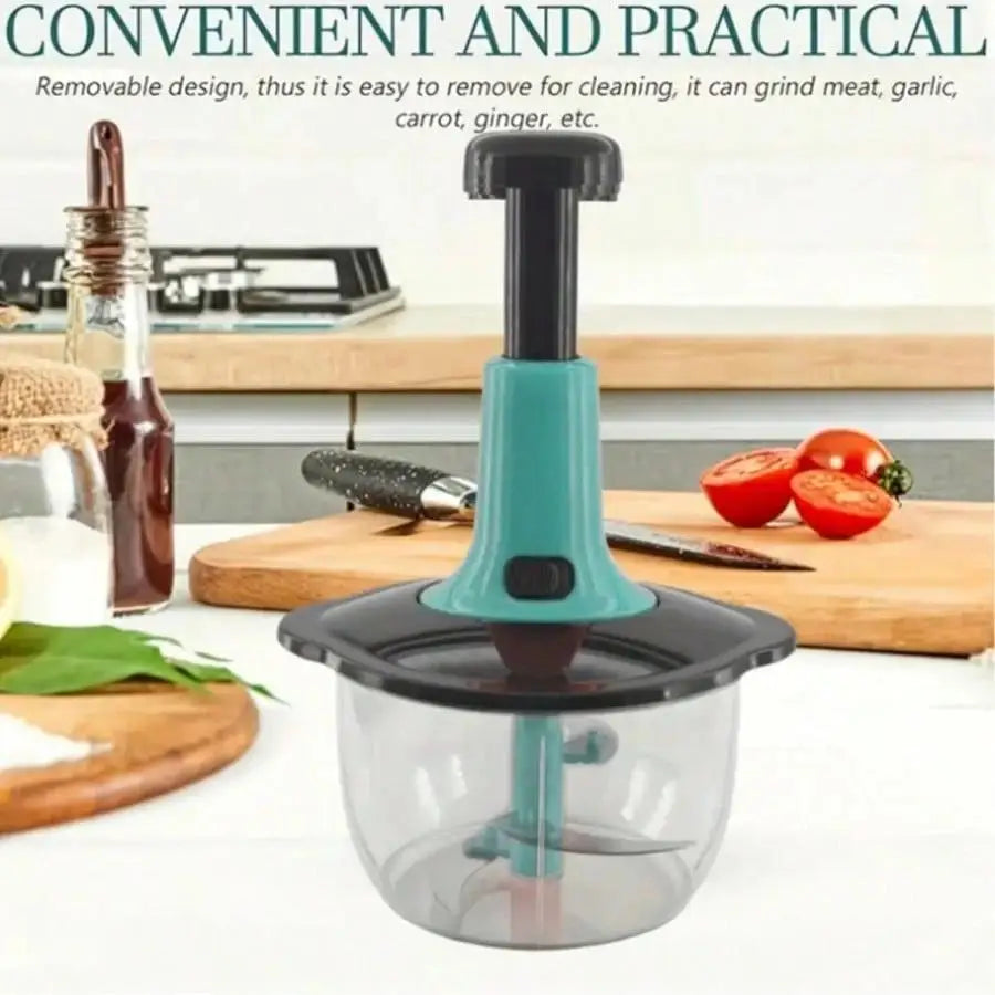 Vegetable and fruit  chopper on a counter with tomatoes and other ingredients, text about convenience and practicality.