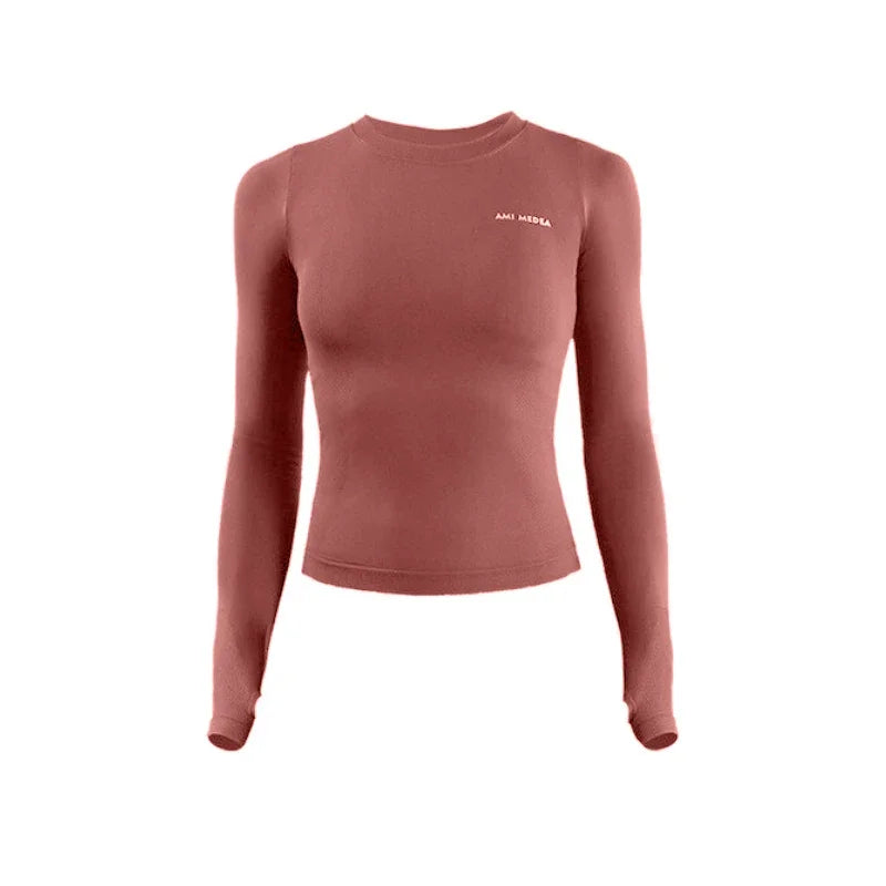 Red long-sleeve shirt with a brand logo on a white background