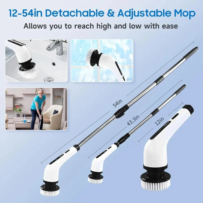 Adjustable cordless electric spin scrubber with extendable handle for or cleaning bathrooms, floors, and hard to reach areas. 