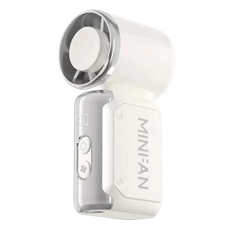 Handheld fan with 'MINIFAN' branding on a white background