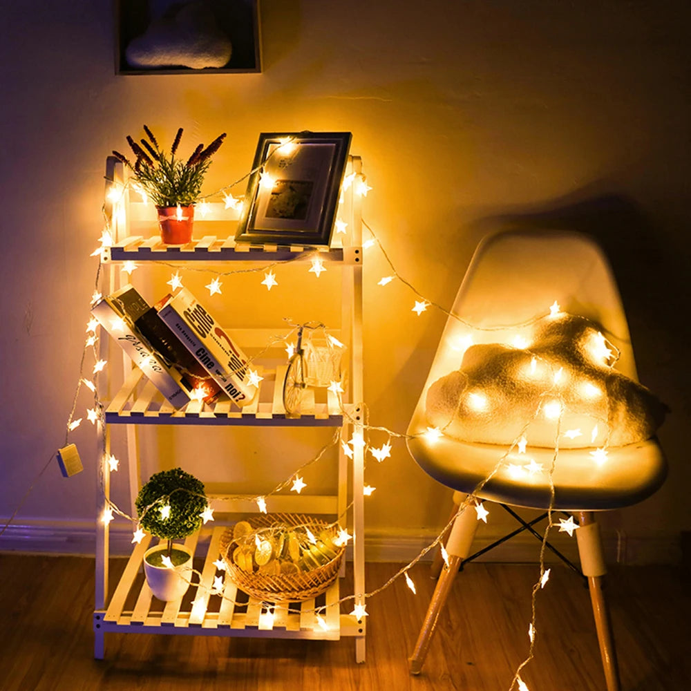USB-powered decorative star lights for bedroom.
