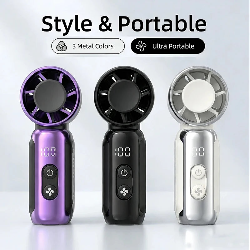 Three portable fans in purple, black, and silver on a white background with text 'Style & Portable' and 'Ultra Portable'.