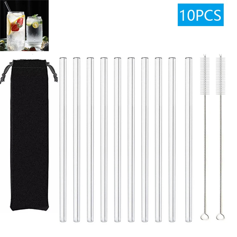 Eco-Friendly Reusable Glass Straws (1–10 Pcs) with Cleaning Brushes