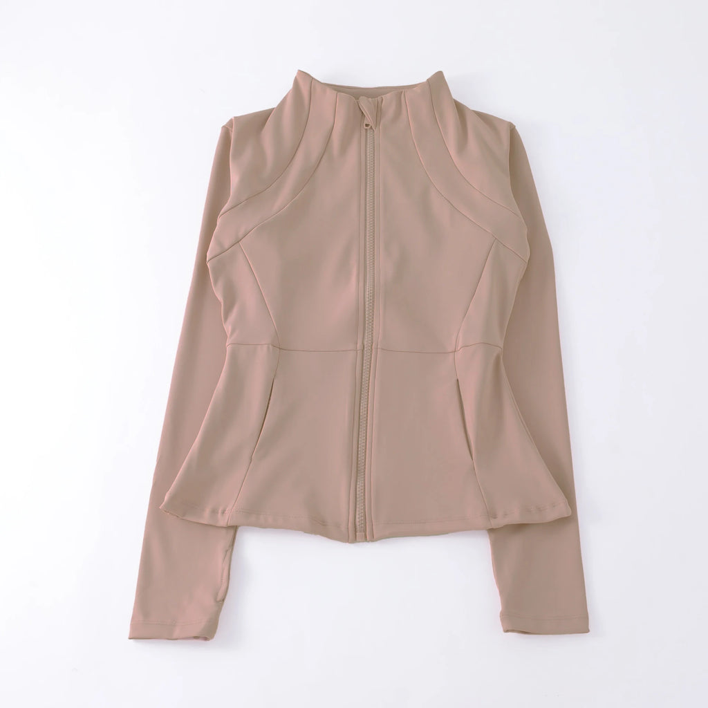 Beige long-sleeve top with a zipper on a white background