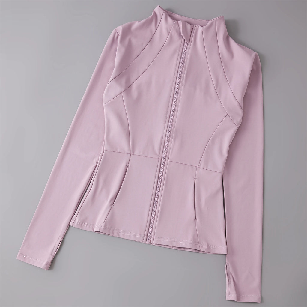 Beautiful Pink activewear  long-sleeve top with a zipper on a gray background