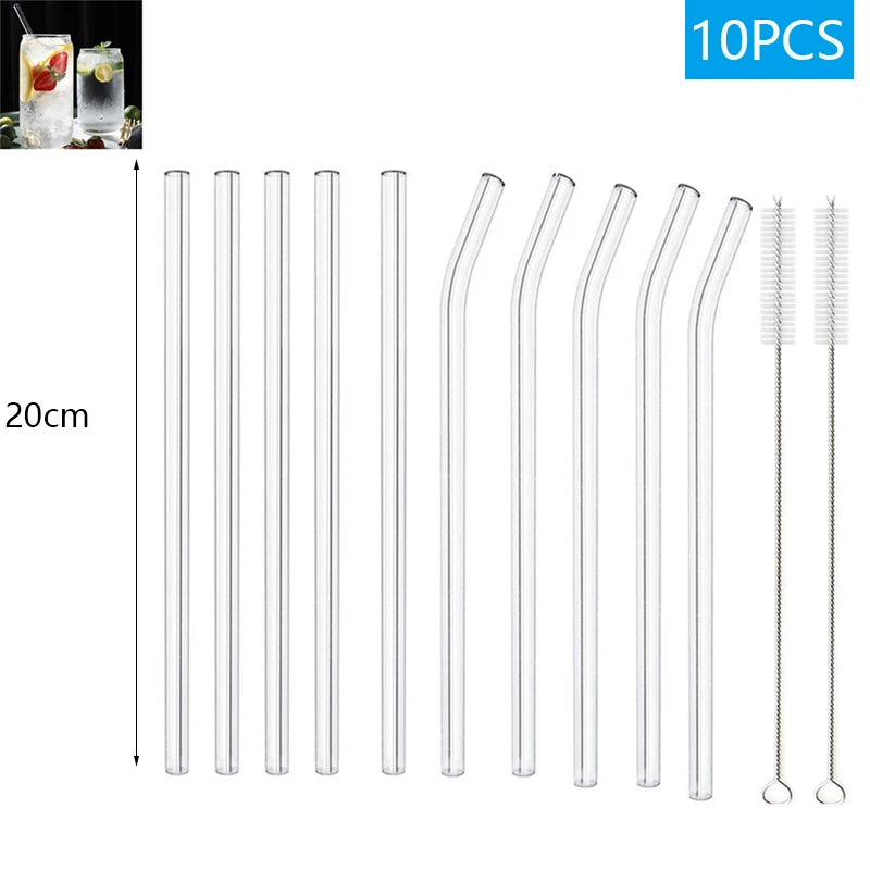 Eco-Friendly Reusable Glass Straws (1–10 Pcs) with Cleaning Brushes
