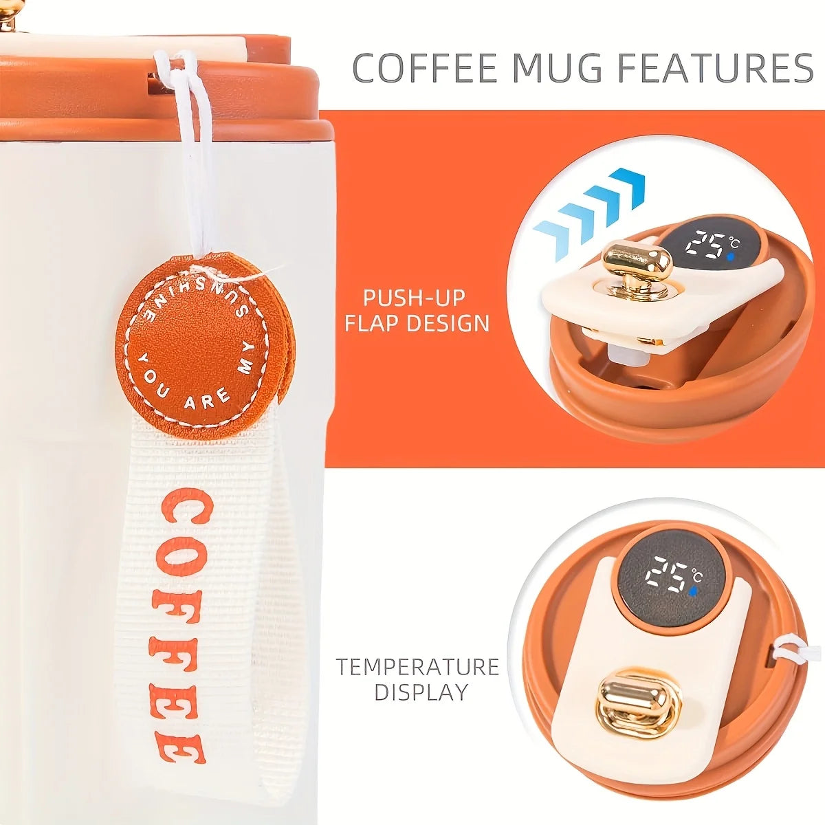 Coffee mug with push-up flap design and temperature display feature, shown with packaging.
