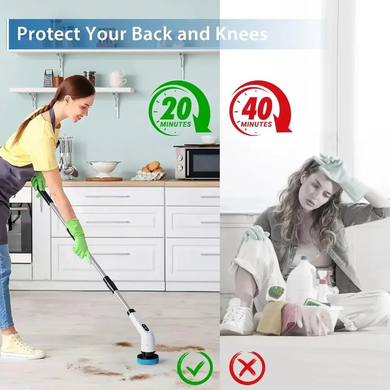 Cordless electric spin scrubber helps clean floors while reducing back and knee strain.