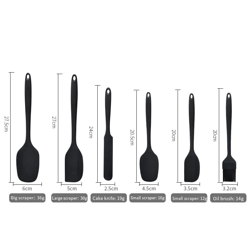 Set of black kitchen utensils with measurements and weights on a white background