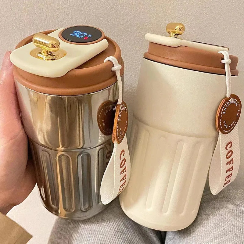 LED smart temperature  display steel insulated travel mug with leak proof lid and coffee tag. 
