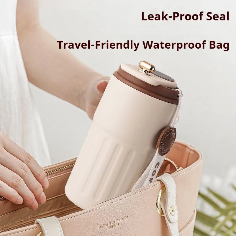 White LED smart temperature display stainless steel insulated travel mug with leak proof lid. 